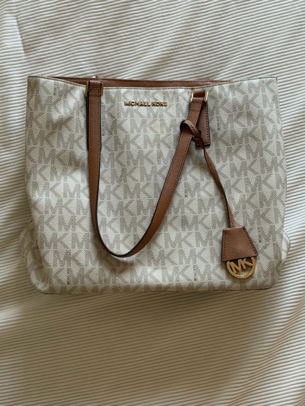 Michael Kors Beige Logo Tote with Brown Leather Trim and Gold Hardware